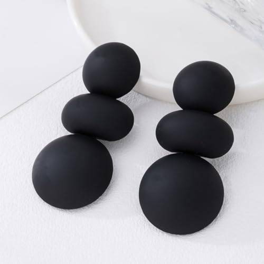 Matte Black Triple‎ Tiered Pebble Drop Earrings Geometric Statement Dangles